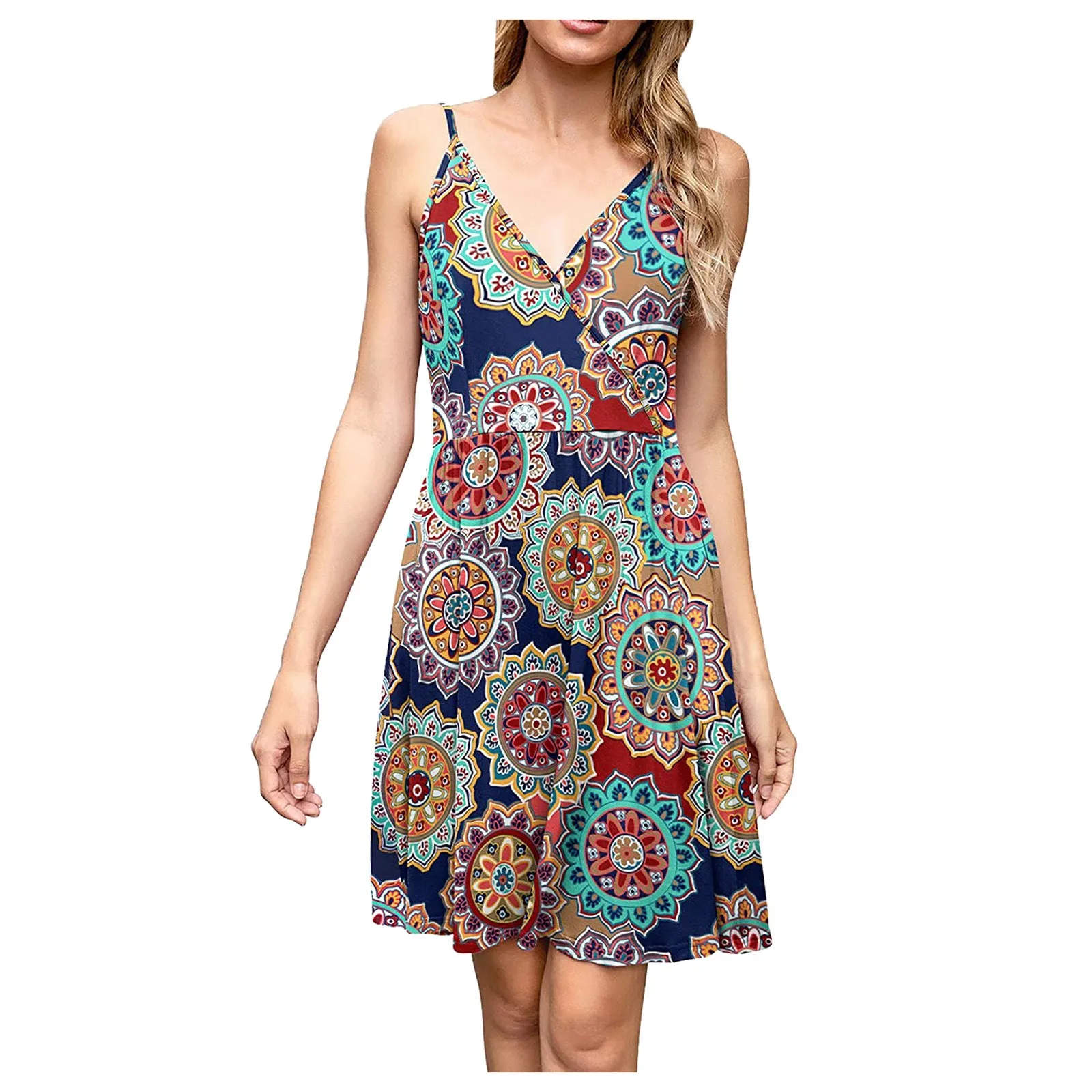 

Summer Women Dress Fashion Flower Print V-Neck Sleeveless Suspender Dress Ladies Casual Loose Beach Dress Vestidos