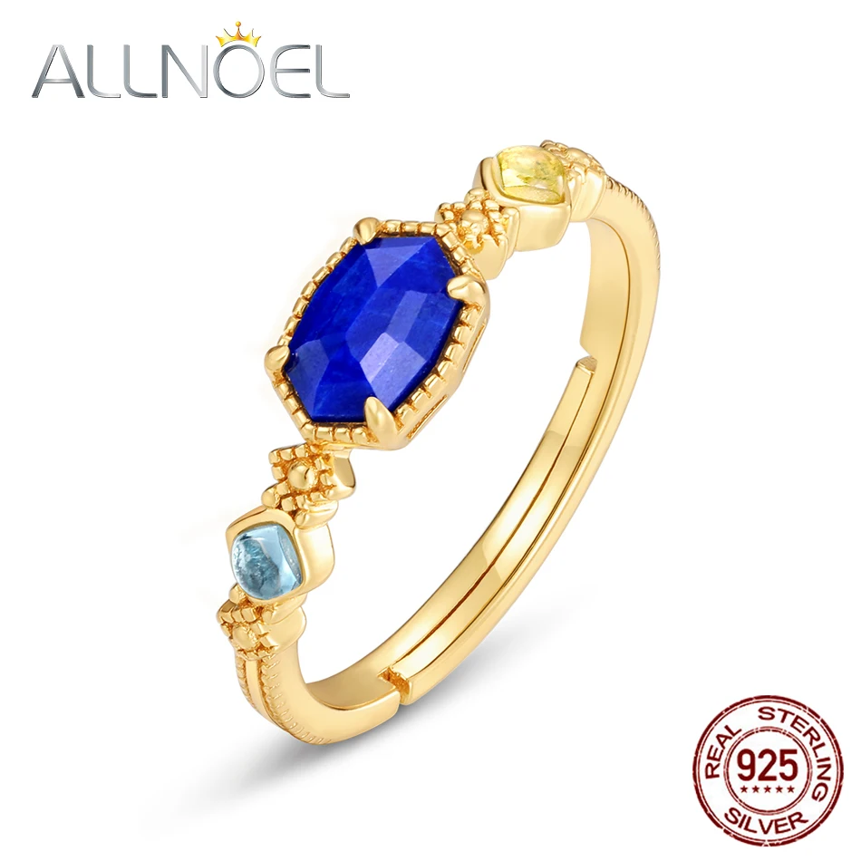 

ALLNOEL Natural Lapis Lazuli Peridot 925 Sterling Silver Adjustable Ring For Women Gold Plated Wedding Chic Gifts Fine Jewelry