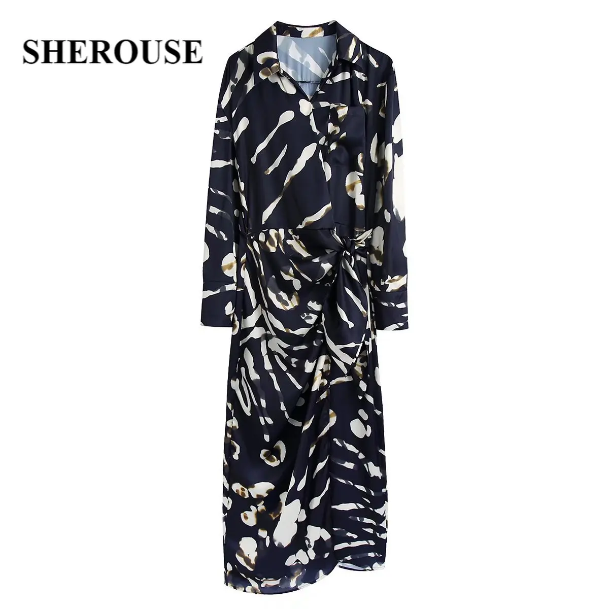 

Женское платье-рубашка с цветочным принтом Sherouse, винтажное платье-рубашка миди с длинными рукавами и отложным воротником