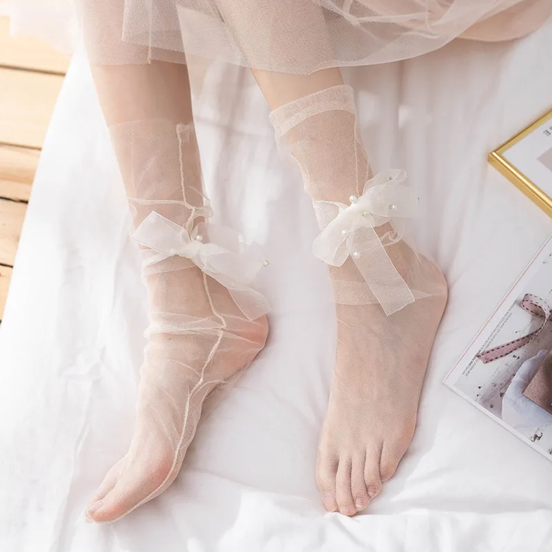 

Summer Ultra-thin Tulle Socks Women Transparent Pearls Long Socks Female Chiffon Lace Up Funny Socks Streetwear Socks