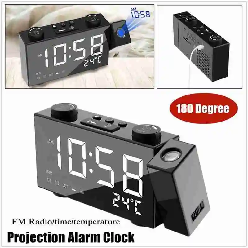 

Knob Adjust FM Radio Projection Alarm Clock LED Display Time Temperature Adjustment Screen Brightness