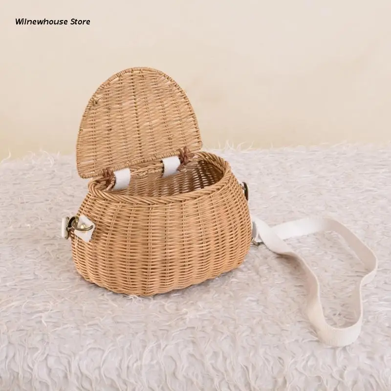 

F62A Portable Rattan Basket Shoulder Bag with Long Strap Kids Woven Basket Bag Handwoven Picnic Messenger Bag Photography Props