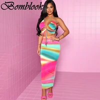 bomblook beach leisure vacation womens suit summer 2021 print drawstring camisole patchwork midi skirts sets femme streetwears
