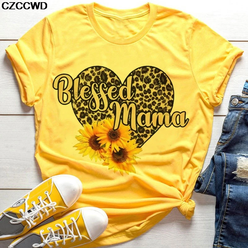 

Модные женские футболки Bleffed Mama с буквенным принтом, летняя желтая футболка с леопардовым принтом Love для девушек, уличная одежда для студент...
