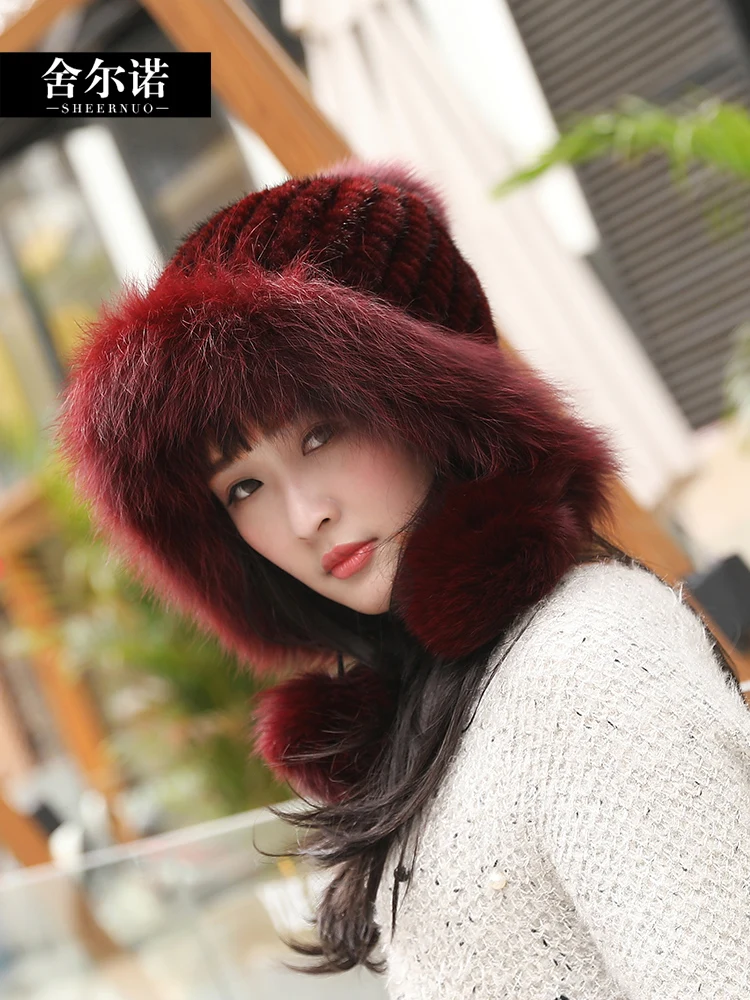 Норковая меховая шапка женская зимняя Милая норковая стеганая теплая с ушками