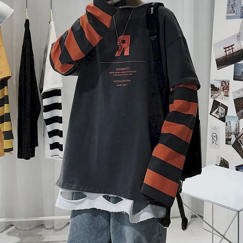 

Футболка из искусственного двух частей в Гонконге, футболка с длинным рукавом, мужская Тонкая свободная полосатая рубашка в стиле хип-хоп, М...