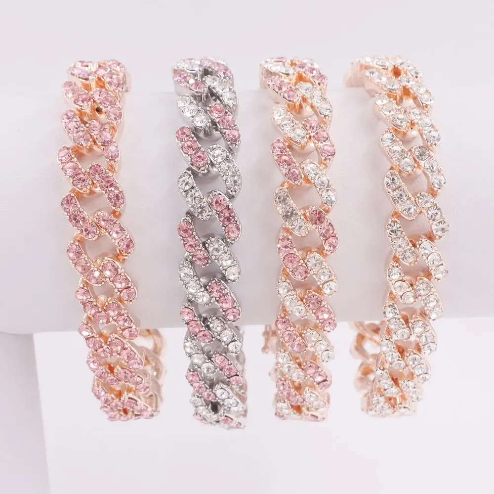 

Iced out bling 12mm Rose gold silver color pink crystal bubble miami cuban hip hop chain bracelets men women rap rock party punk