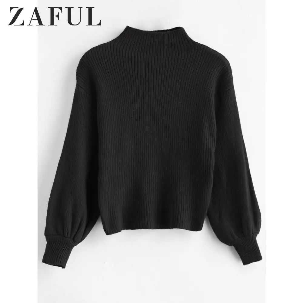 ZAFUL Ribbed Funnel Collar Sweater Bubble Sleeve Basic Slim Pullovers Autumn Winter Women Tops Sweet Daily Casual Wearing 2019 | Женская