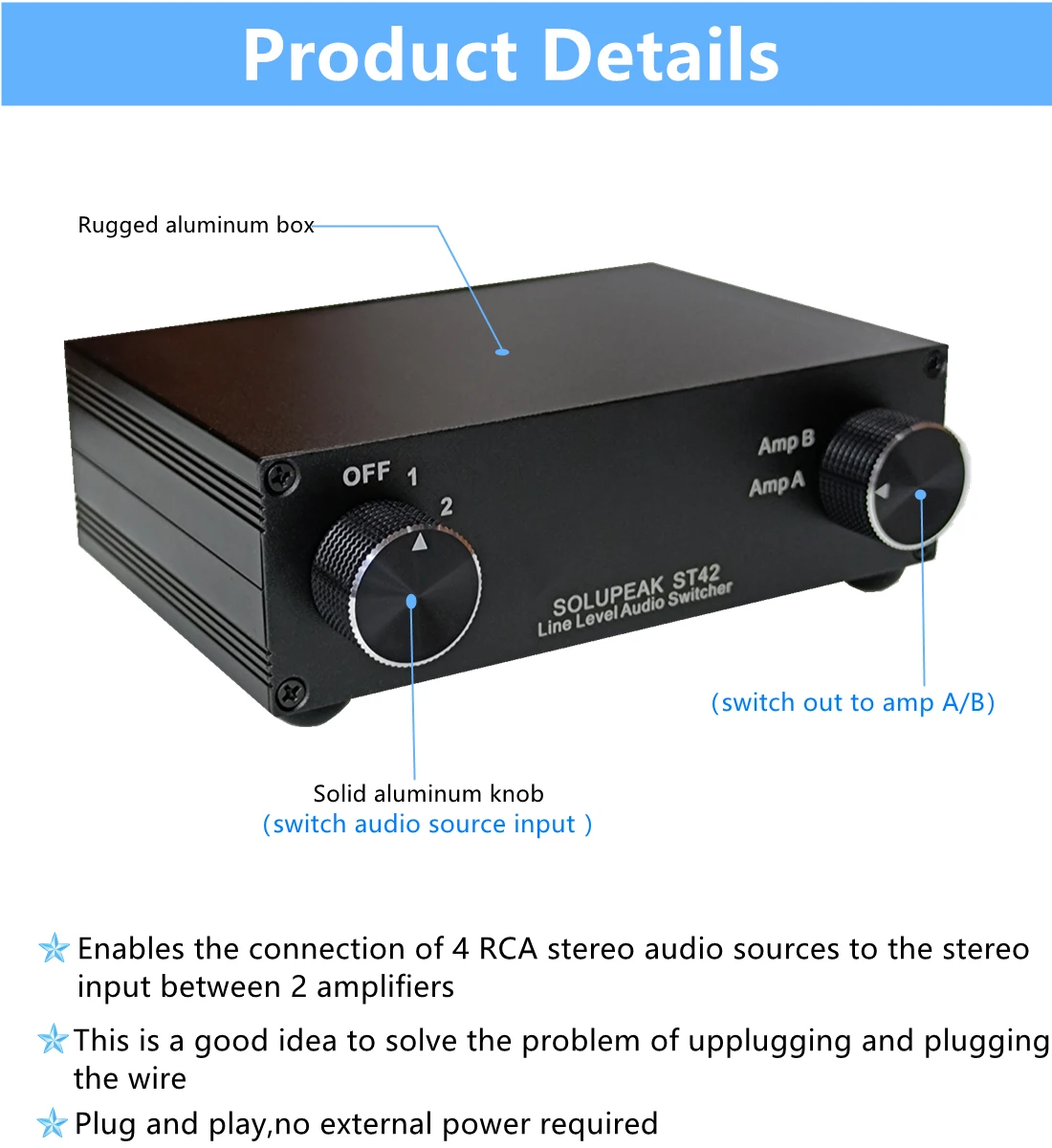 Блок-Сплиттер SOLUPEAK ST42 4-полосный аудиопереключатель RCA источник сигнала входной