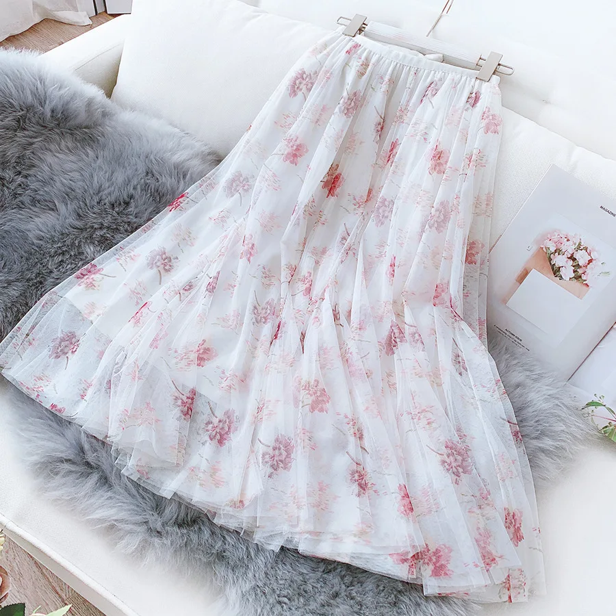 REALEFT новые весенне летние сетчатые юбки трапециевидной формы с цветочным принтом