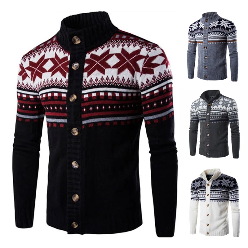 Зимний мужской свитер кардиган с принтом теплый винтажный длинный рукав уличная