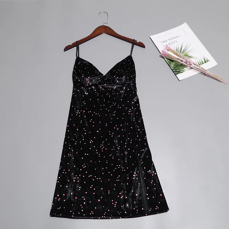

Velour Print Sexy Nightdress Gown Women V-Neck Backless Split Nighty Spaghetti Strap Home Wear 2020 Autumn Intimate Lingerie