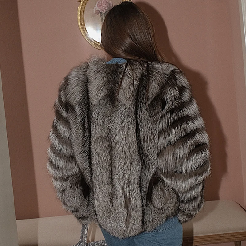 

2021 New Real Silver Fox Fur Jacket Women Winter Fashion Natural Whole Skin Genuine Fox Fur Coat Plus Size Female Outwear Luxury