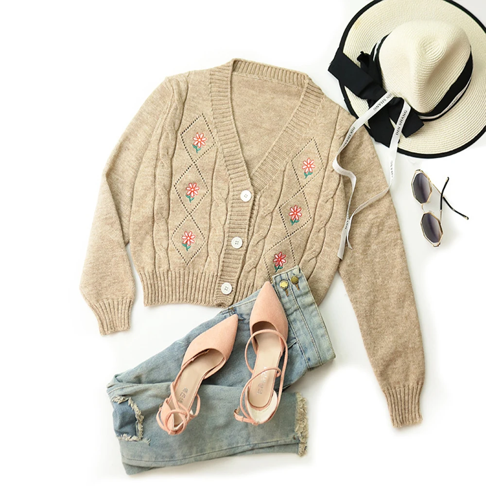 

Women's Embroidered Knit Cardigan Sweater V-neck Hollow Buttons Sexy Short Long Sleeve Cardigan Top