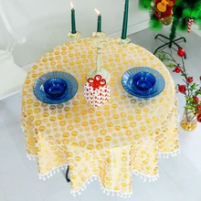 Mantel redondo de algodón y lino con borlas para decoración del hogar, paño redondo con estampado de ciervo y copo de nieve, Círculo de Navidad (1)