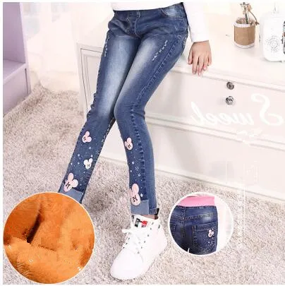 F626 fleece jeans Коллекция года, зимняя детская одежда джинсы для девочек повседневные узкие джинсы из плотного флиса для маленьких девочек, джинсы для крупных детей, длинные штаны - Цвет: F626 fleece jeans
