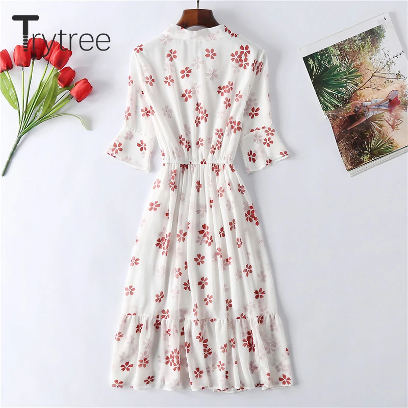 Trytree 2020 Spring Summer Women Dress Casual Bow Flare Sleeve print A-line Ruffle 6 Color Elegant Knee-Length | Женская одежда