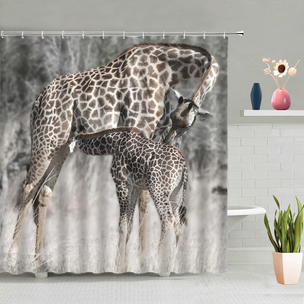 

Bathroom Accessories Wild Animal Giraffe Forest Flower Sunset Background Partition Screen Waterproof Polyester Fabric With Hooks
