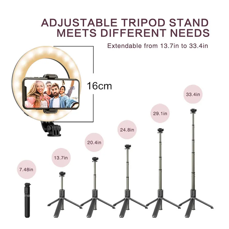 

New Bluetooth Selfie Stick Rotatable Foldable Handheld Remote Follow-up Gimbal 6inch Circular Live Light Mini Tripod for Phones