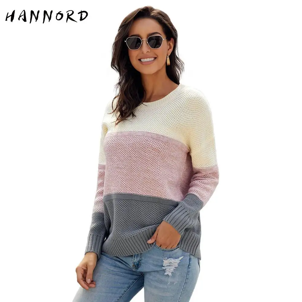 

Women's Crewneck Color Block Striped Sweater Crew Neck Long Sleeve Loose Knit Pullover Jumper Tops