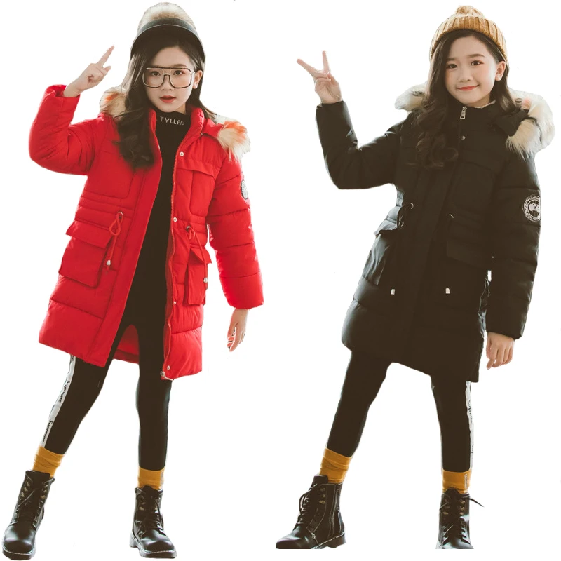 

Зимняя теплая куртка для девочек, длинная модная ветровка с меховым воротником и надписью, с вышивкой и капюшоном, пальто для детей, верхняя одежда