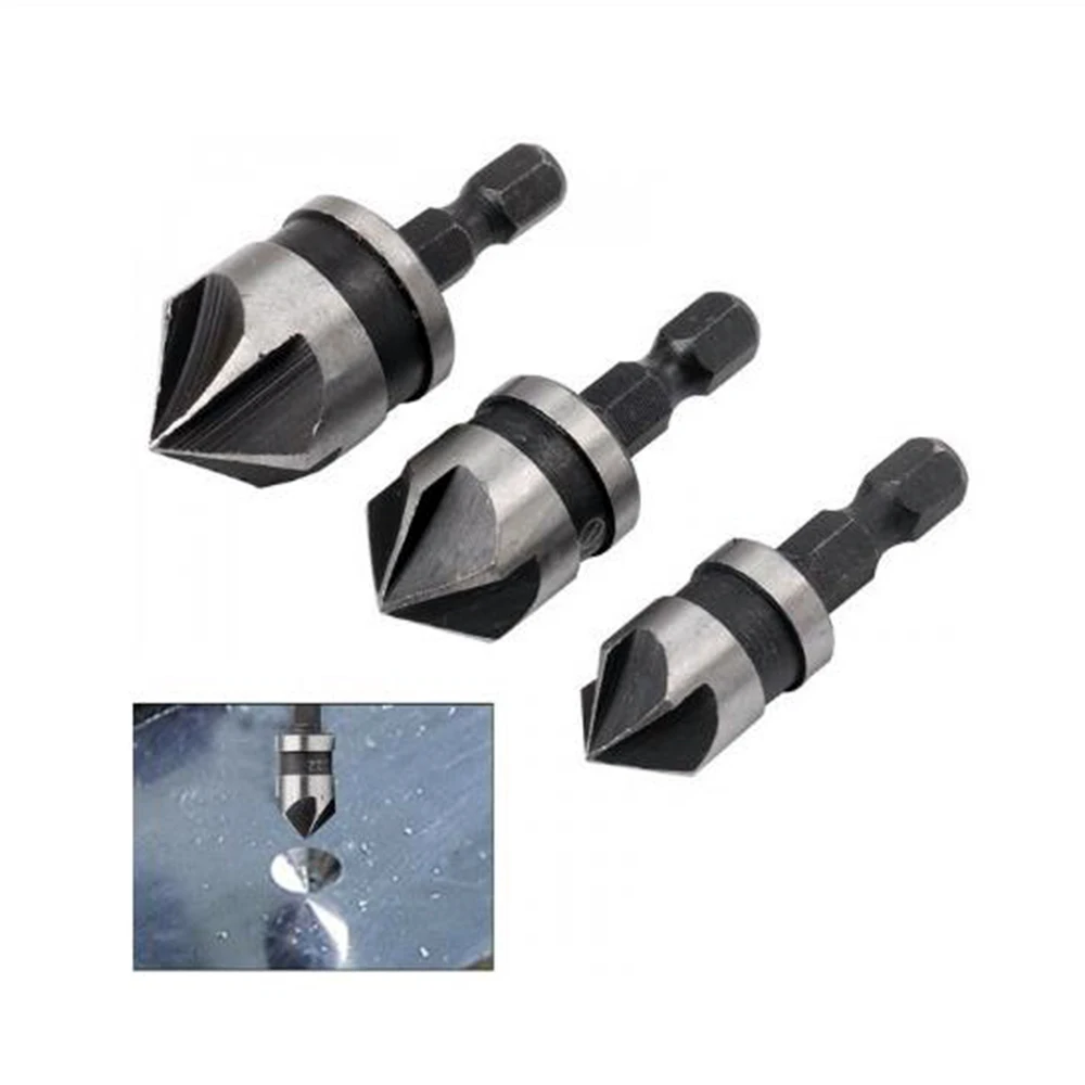 

Carbon Steel 3pcs Countersink Drill Bit Set 12mm 16mm 19mm Dia 1/4” Hex Shank 90 Degree 5 Flute Chamfer Tool