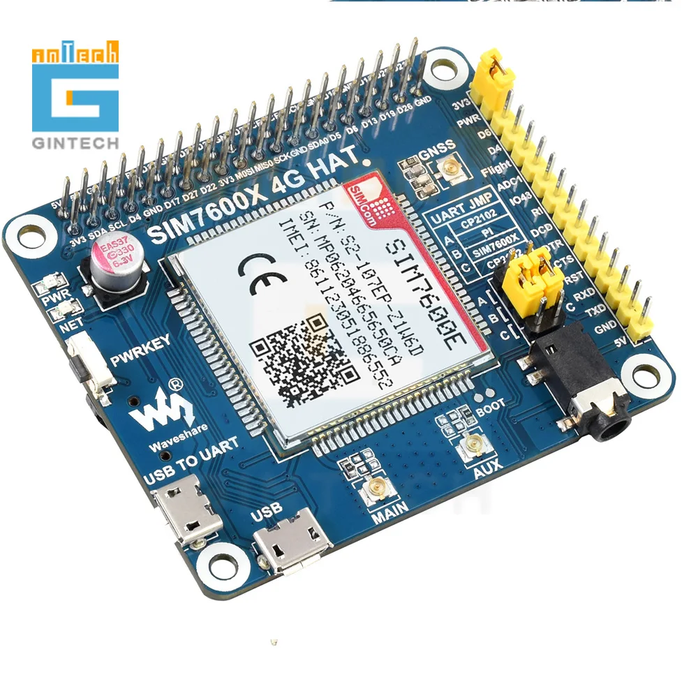 Шляпа SIM7600E LTE Cat-1 для Raspberry Pi 3G / 2G/GNSS Юго-Восточной Азии Западной Европы Африки |