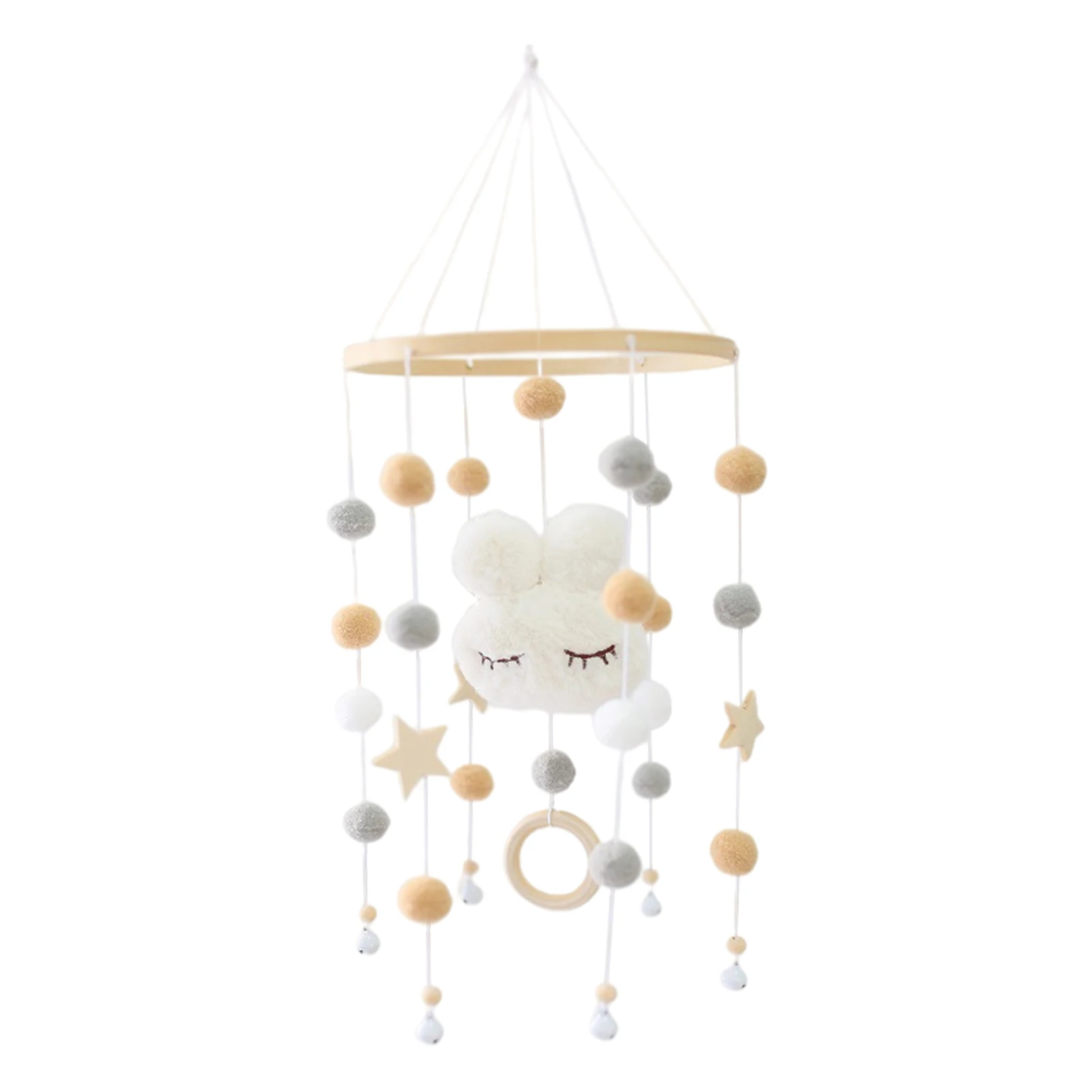 Crib Mobile Bed Bells Baby Wooden Crib Mobile Ceiling Mobile with Colorful Felt Balls and Bunny for Bassinet Nursery Crib Bedroo