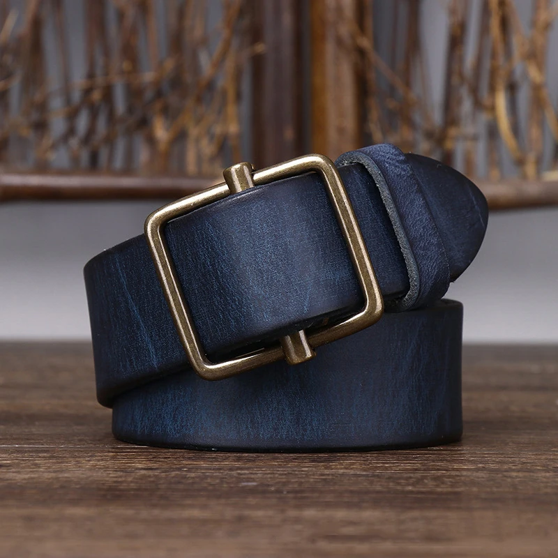 New designer men's punch-free genuine leather belt with brass buckle top quality cowhide retro denim belt