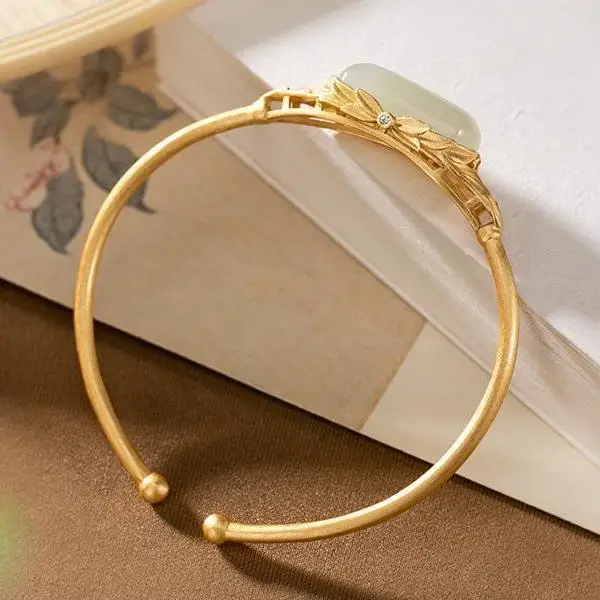

Antique and Ethnic Style S925 Sterling Silver Natural Hetian Jade Bracelet Mild Luxury Retro Temperament Leaf Goddess Matching B