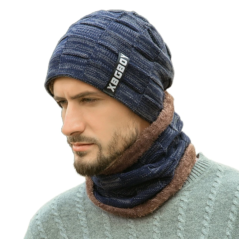 

2Pcs Unisex Winter Beanie Hat Scarf Set Thick Plush Lined Plaid Knit Skull Cap X5XA