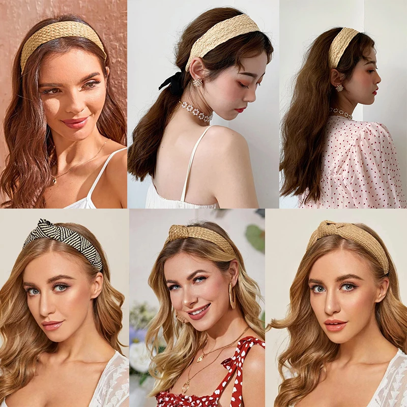 Обруч для волос LEVAO Женский однотонный соломенный ободок с узлом ручной работы