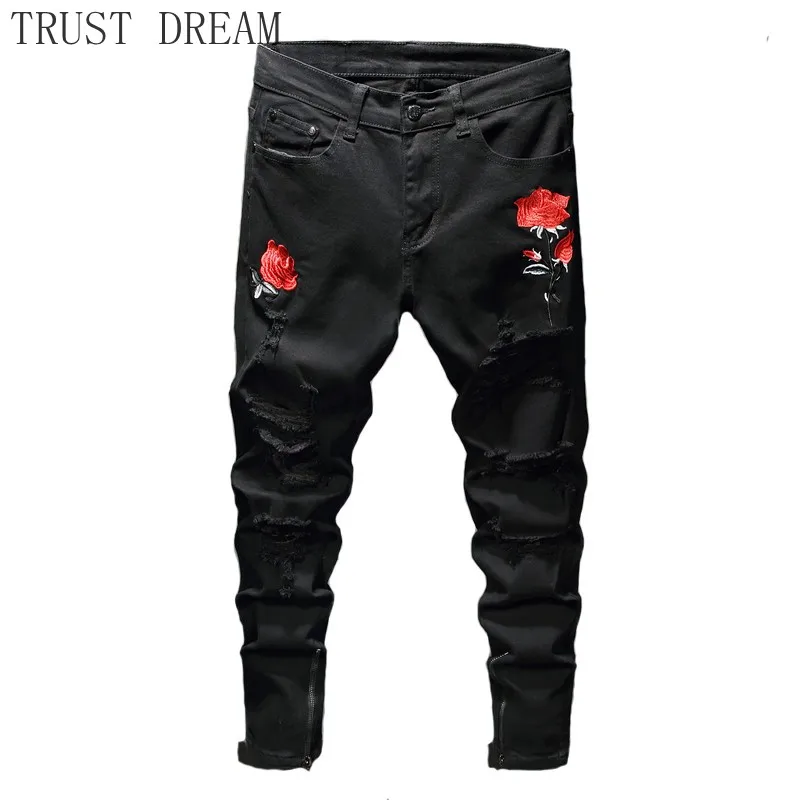 

Мужские рваные джинсы с вышивкой, черные, красные, розовые, на молнии, с манжетами, обтягивающие джинсы, уличная хип-хоп Уличная Мужская удив...
