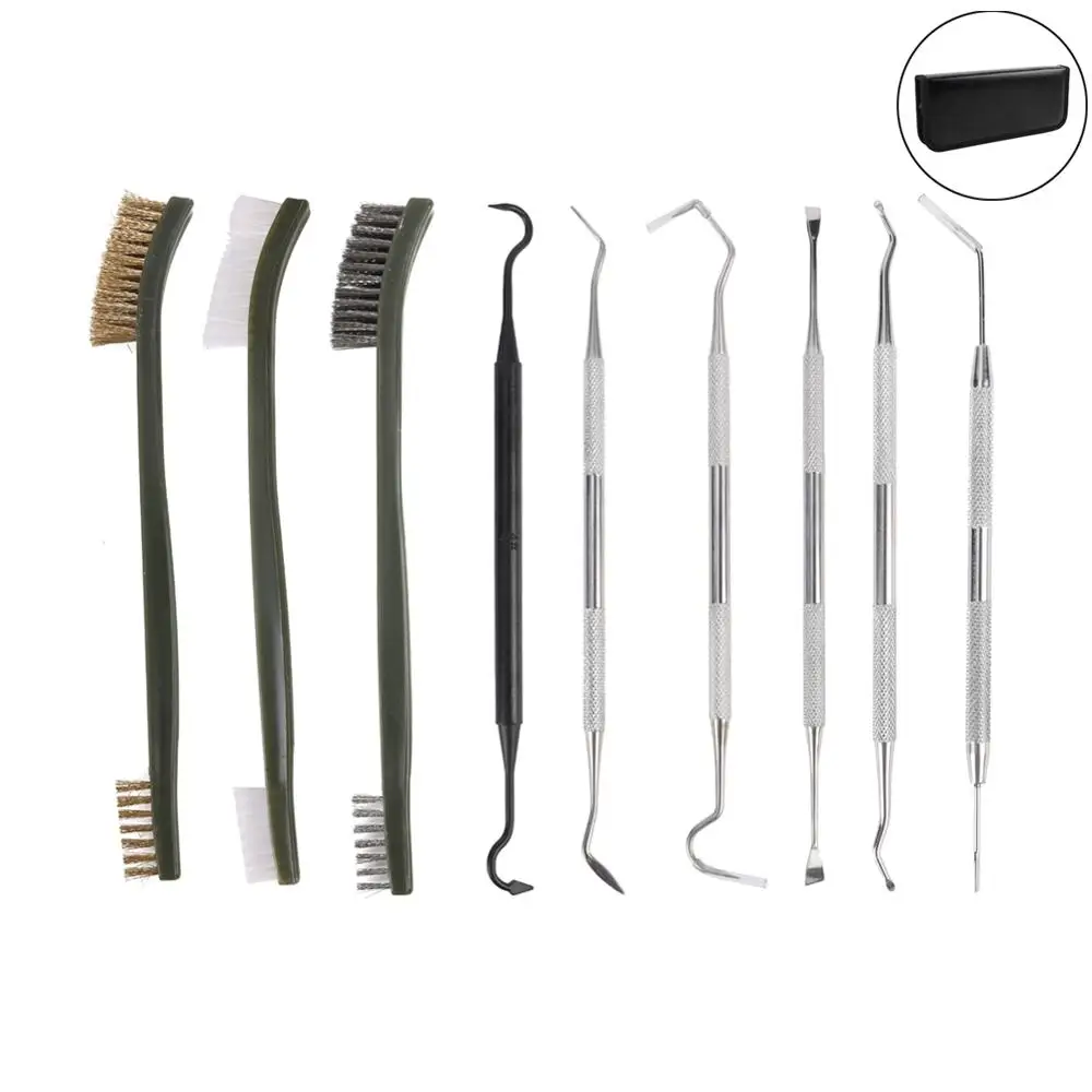 

9pcs/Set Gun Cleaning Kit Set 3 Brass Steel Nylon Brush + 6 Stainless Steel Nylon Pick Tactical Rifle Pistol Gun Cleaning Tool