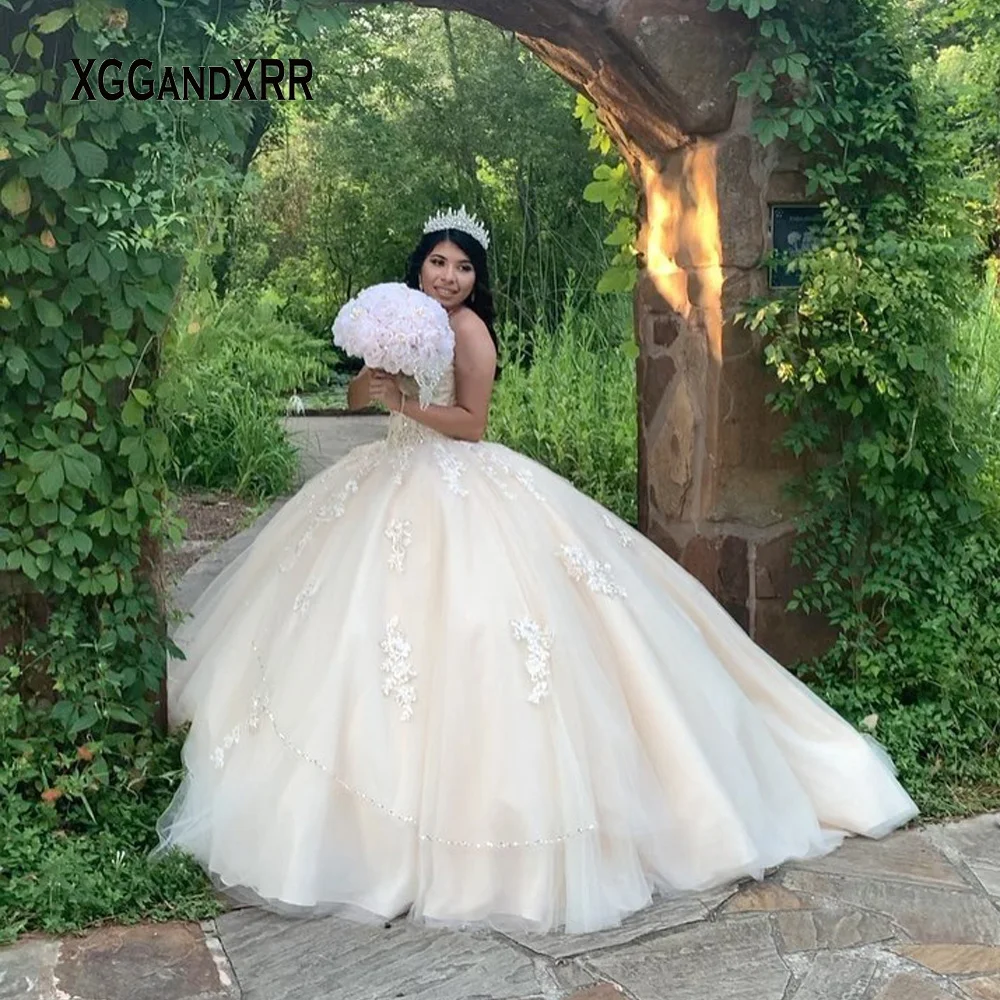 Elegant Champagne Quinceanera Dress 2022 Lace Applique Ball Gown vestido de 15 años Birthday Party Gown Sweet 16 Gala Plus Size