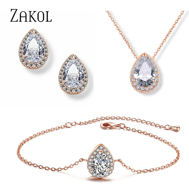 ZAKOL Классические Прозрачные Серьги капли с фианитом браслет кулон набор