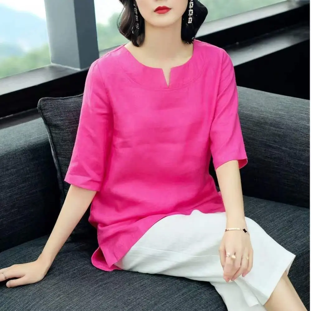 Plus size Tops Loose Cotton Linen Shirt Women Summer Blouses Short sleeve Solid color Elegant White Ladies Office Casual 4XL