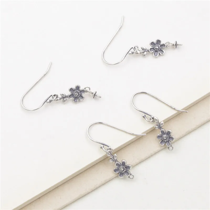 1 Pair 925 Sterling Silver Flower Women's Earrings Retro Style Pearl Ear Hook DIY Jewelry Making Supplies Accessories