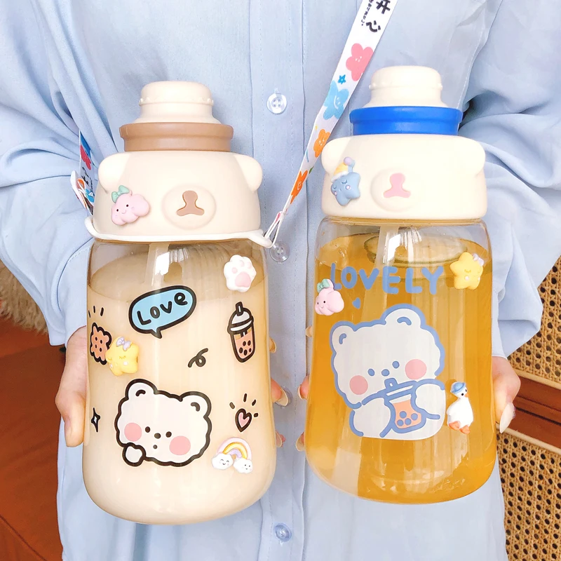 Kawaii Большой медведь бутылка для воды с наклейкой на трубочку спортивный