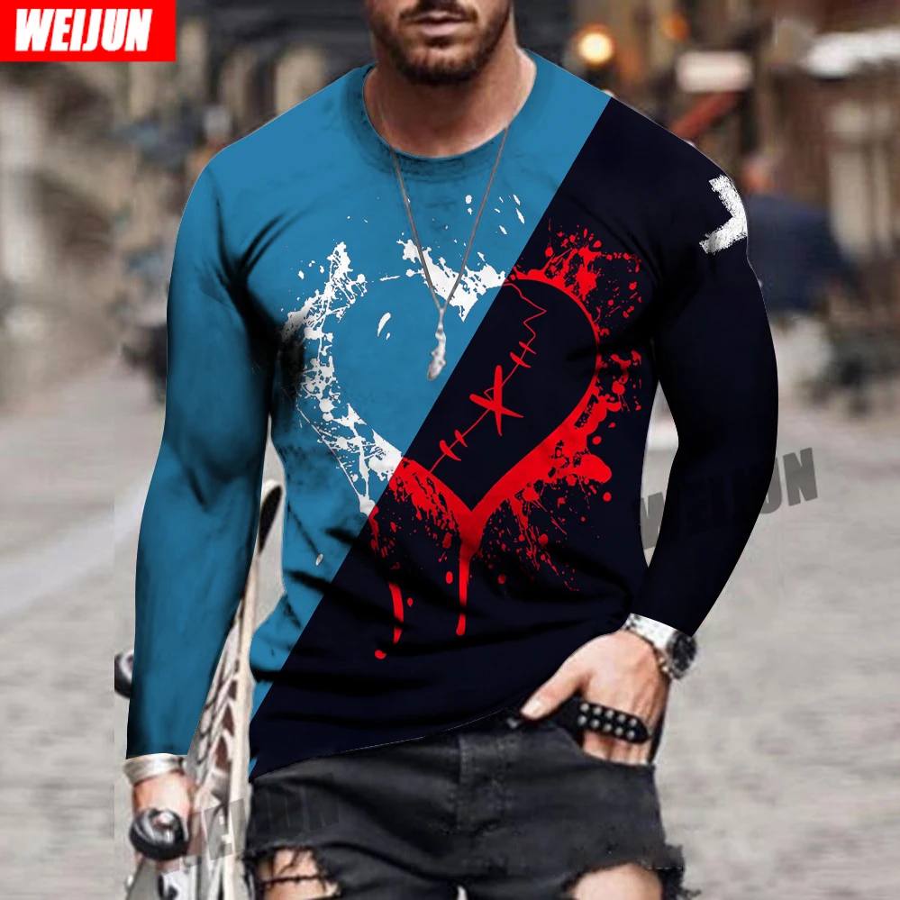 

Men sports round collar long sleeve autumn and winter two-color Splice loving heart 3D print street fashion sports men's wear