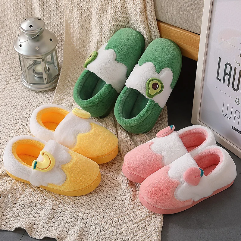 

Winter Warm Home Women Cotton Slippers Cute Fruit Cartoon Indoor Home Ladies Slipper Couples Soft Light Plush Slippers Off White