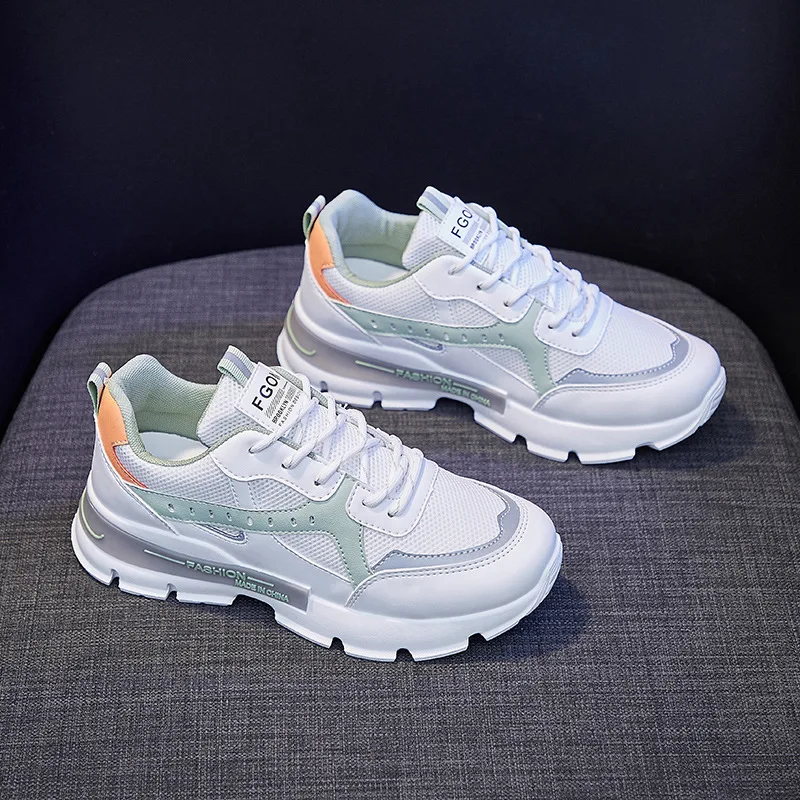 

2021 Spring Summer New Women Sneakers Girl Fashion Patchwork Lace-up Casual Sport Shoes Breathable Air Mesh Trainers 2 Colors
