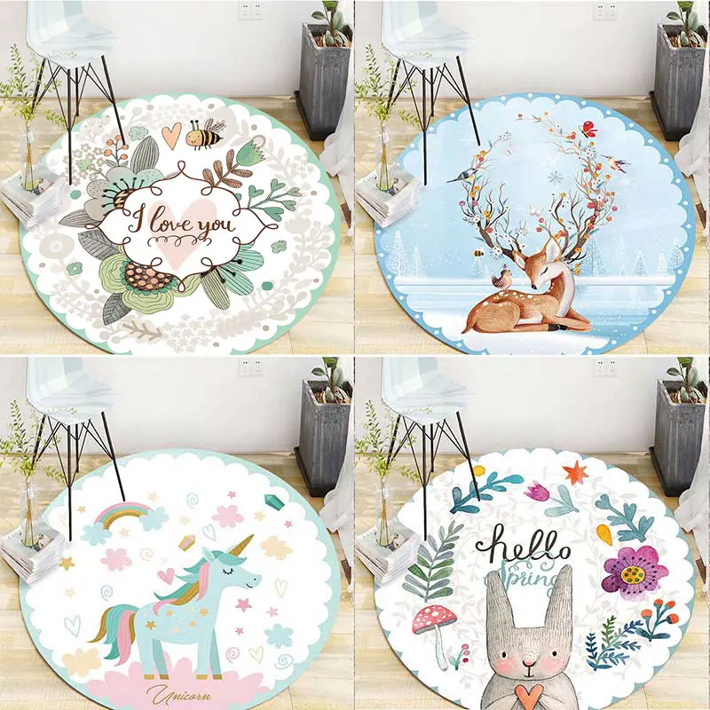 

Decorative Carpet Cartoon Printed Area Rugs For Living Bed Room Bath Floor Flannel Cotton Anti-Slip Mat Diameter 60/80/100cm 1pc