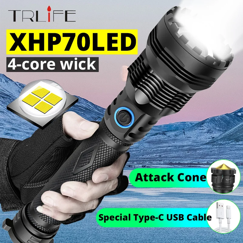 Суперъяркая светодиодная вспышка XHP70 с USB зарядкой 26650 светодиодный