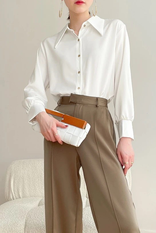 

Houthion Casual Women Shirt New Chiffon Thin Comfortable Long Sleeve Blouse Fashion Lapel Solid Color Summer Tops