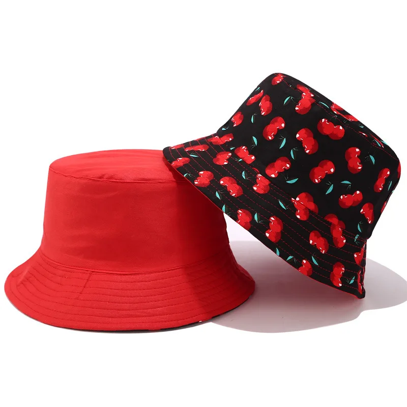 

Popular Female Panama Cherry Double-Sided Bucket Hat Women Girls Foldable Outdoor Chapeau Sun Prevent Hats Cotton Fisherman Cap