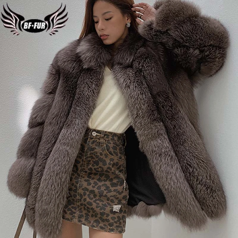 

2021 New Real fur coat Women Fashionable Winter Stripe Cutting Featured Chic Fox Fur Fluffy Thicken Luxury Overcoat Female Soft