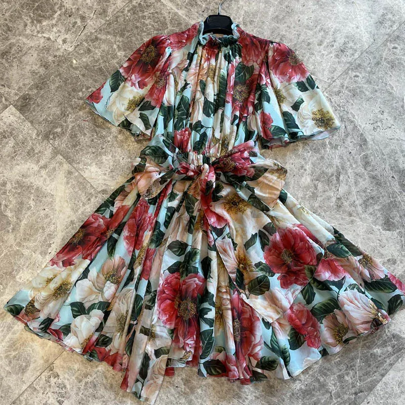 

High Quality Woman Silk Dress Fashion Runway Retro Red Camellia Print Trumpet Sleeve Holiday Party Silk Dress