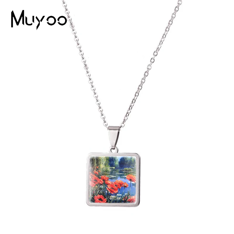 

2021 New Painting Poppies Flower Fields Paintings Square Pendant Handmade Stainless Steel Necklace