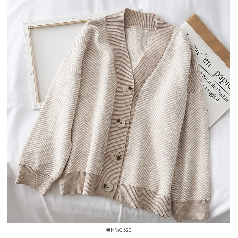 

Cardigans women elegant striped pattern 2020 autumn winter cardigan vintage jumper lady fashion oversized knitted cardigan coat
